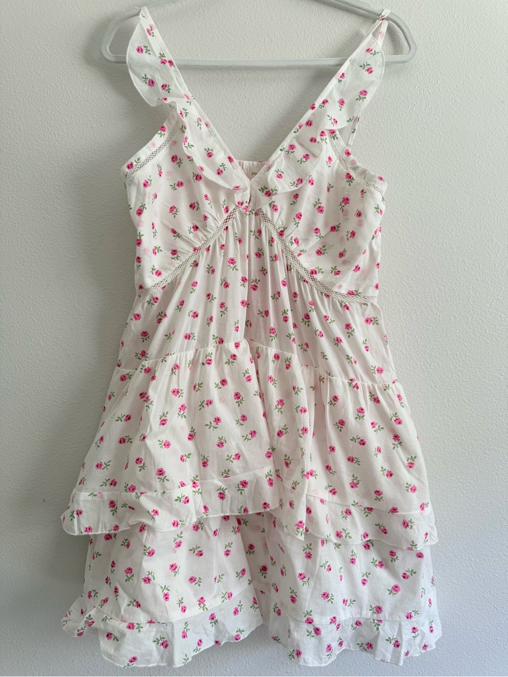 Peter Alexander white cotton pink roses print ruffle mini dress Sz L NWT